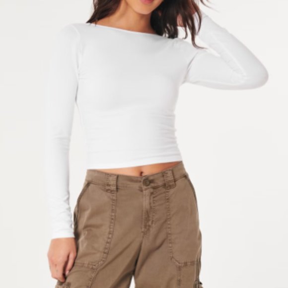 White Low Back Long Sleeve Cropped T-Shirt, Hollister - Picture 4 of 8
